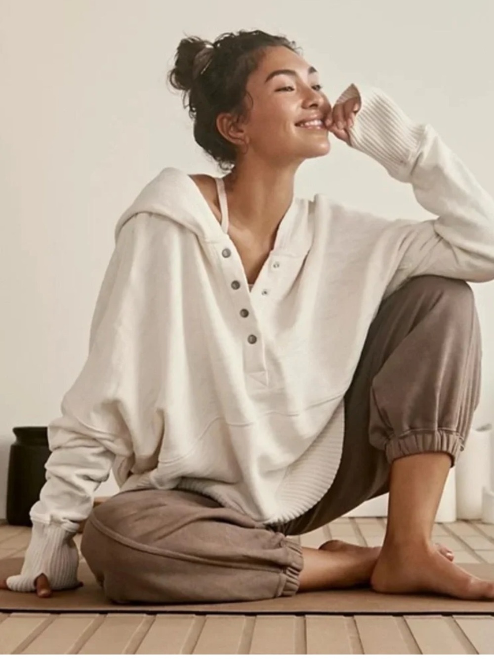 Fp movement by Free People honey dove Cozy Snap Henley Hoodie in Cream xs